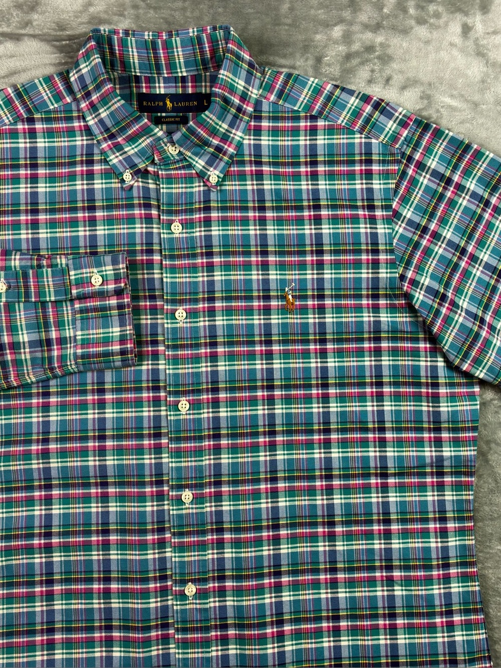 Ralph Lauren Long Sleeve Button Down Shirt Mens Large Green Pink Plaid Pony